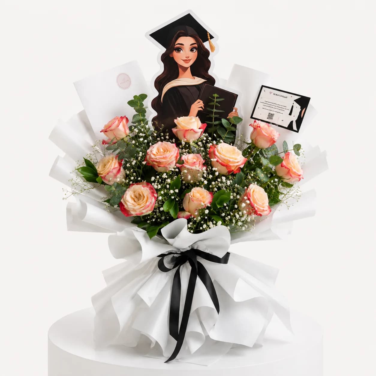 Pink Rose Graduation Bouquet – White Wrap